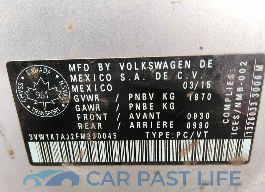 3VW1K7AJ2FM330045# 9