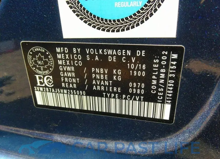 3VW2B7AJ5HM255090# 9
