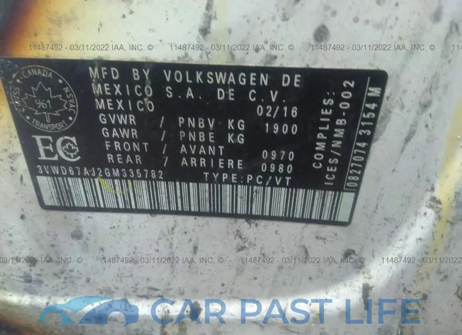 3VWD67AJ2GM335782# 9