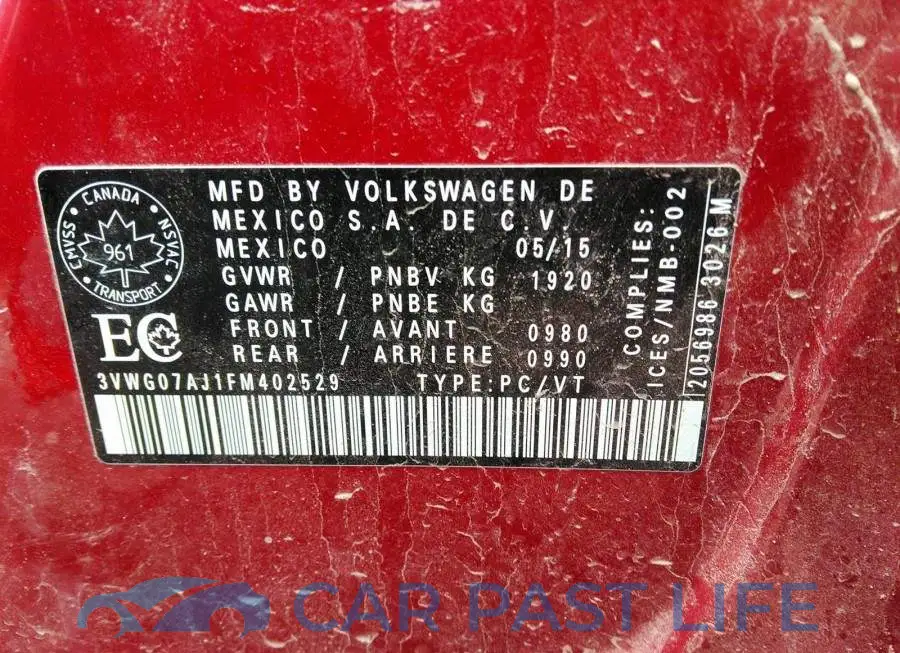 3VWG07AJ1FM402529# 9