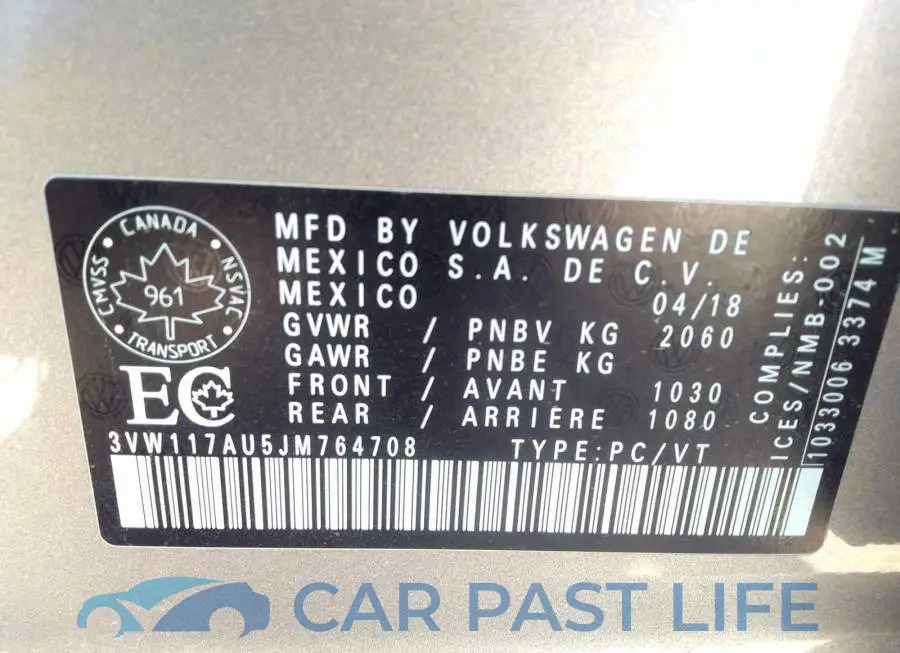 3VW117AU5JM764708# 9