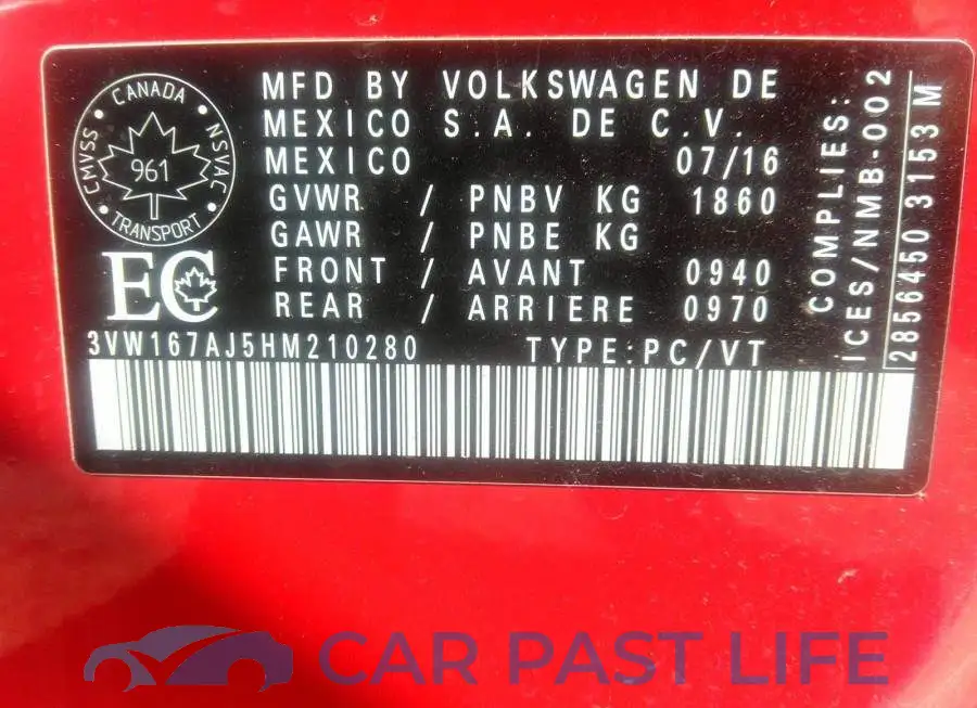 3VW167AJ5HM210280# 9