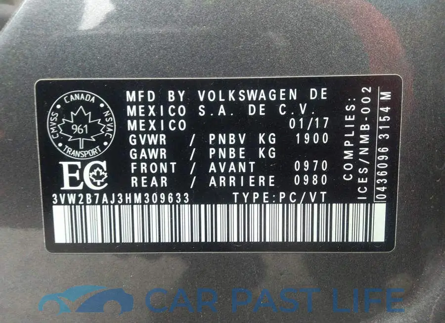 3VW2B7AJ3HM309633# 9