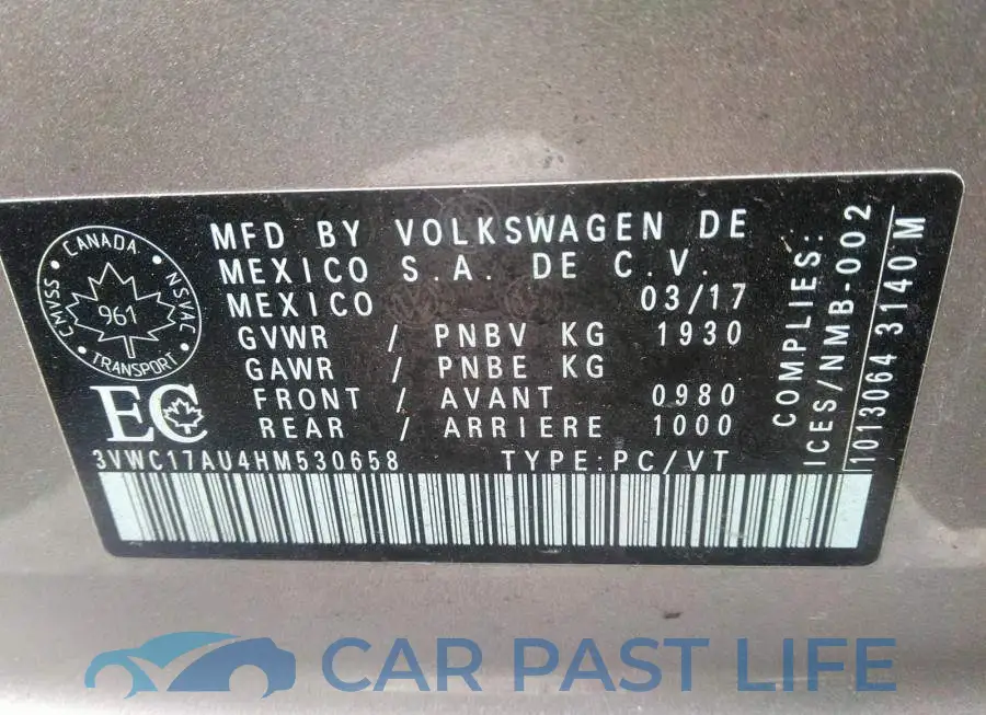 3VWC17AU4HM530658# 9