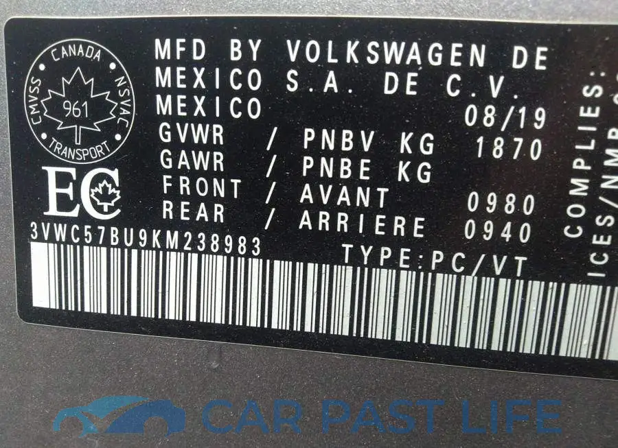 3VWC57BU9KM238983# 9