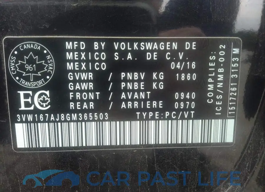 3VW167AJ8GM365503# 9