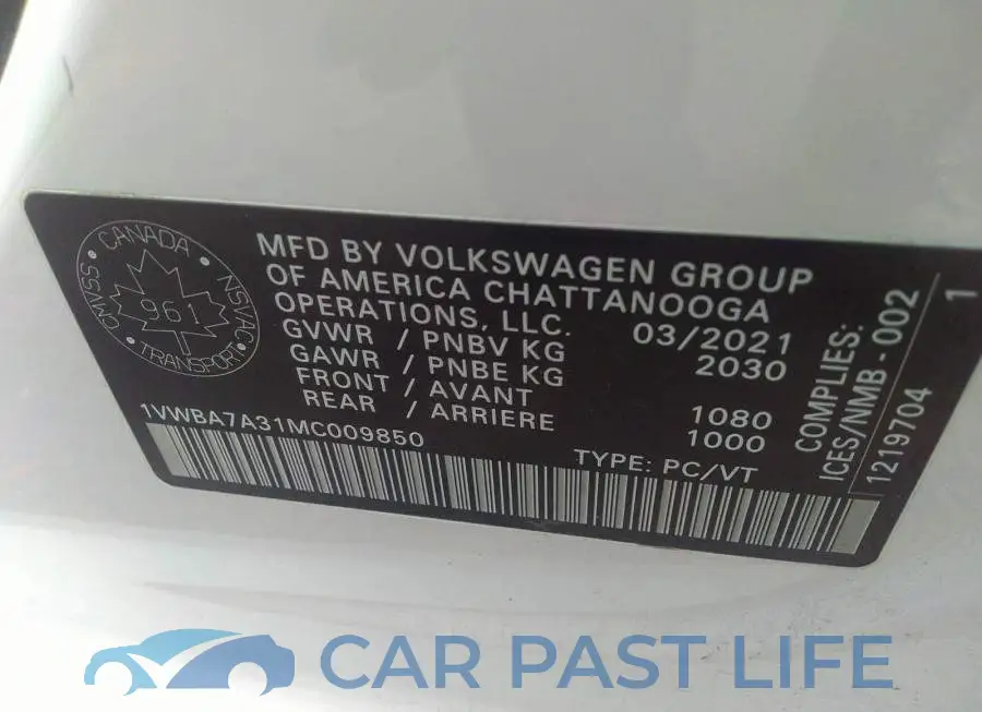 1VWBA7A31MC009850# 9