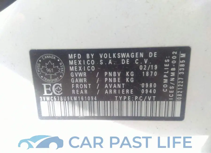 3VWC57BU9KM161094# 9