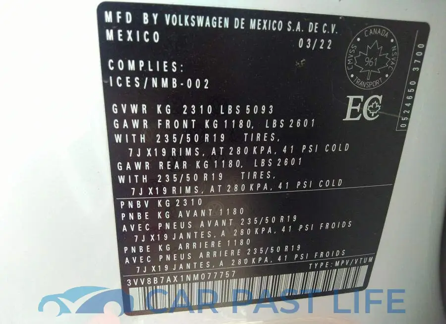 3VV8B7AX1NM077757# 9
