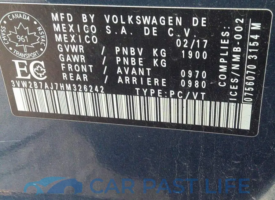 3VW2B7AJ7HM326242# 9