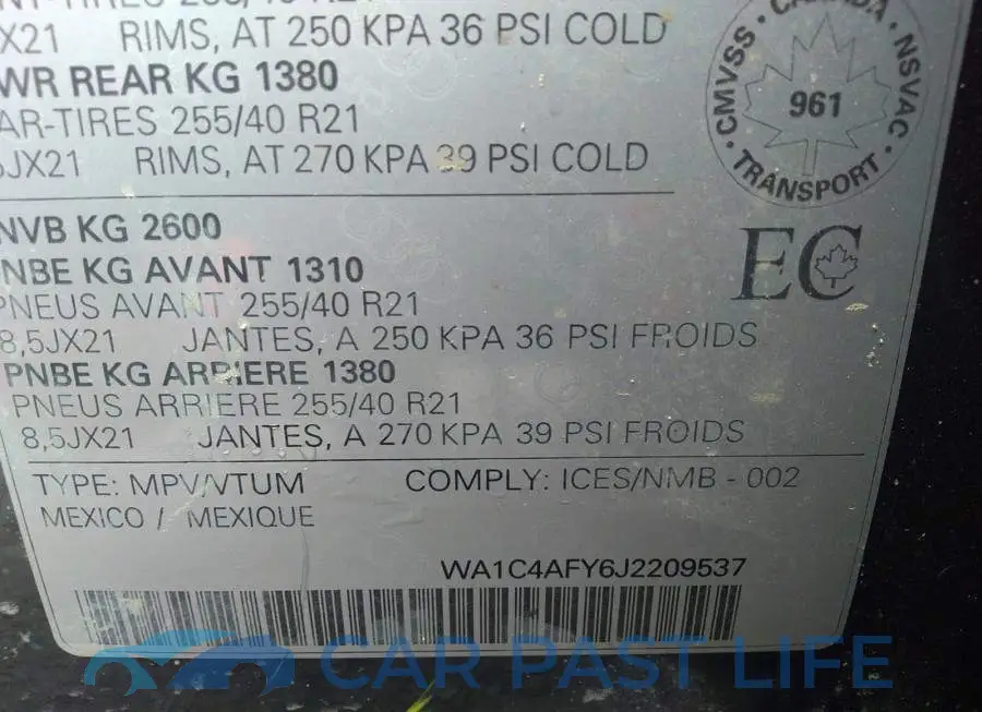 WA1C4AFY6J2209537# 9