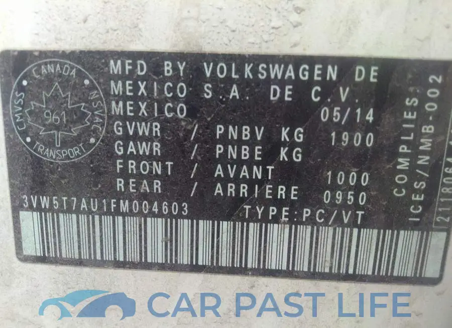 3VW5T7AU1FM004603# 9