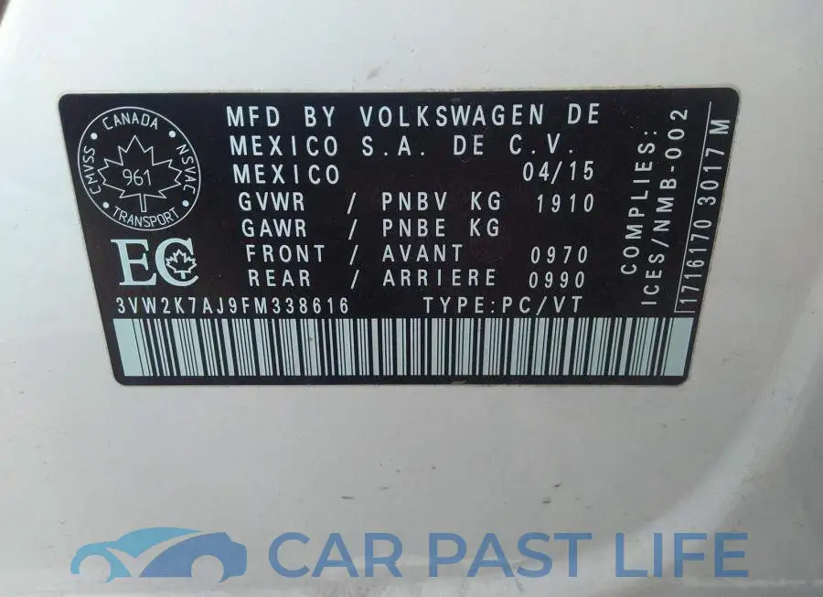 3VW2K7AJ9FM338616# 9