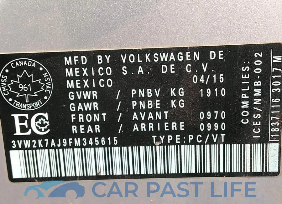 3VW2K7AJ9FM345615# 9