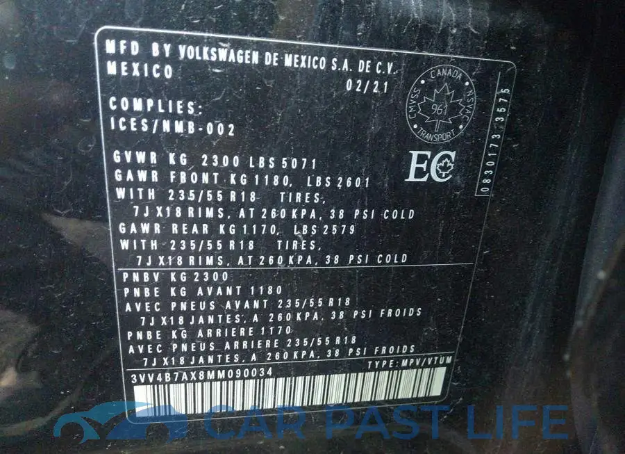 3VV4B7AX8MM090034# 9