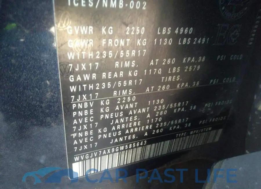 WVGJV7AX9GW585643# 9