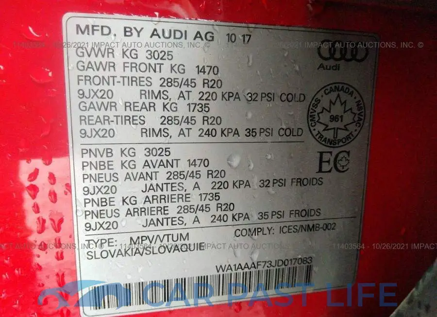 WA1AAAF73JD017083# 9