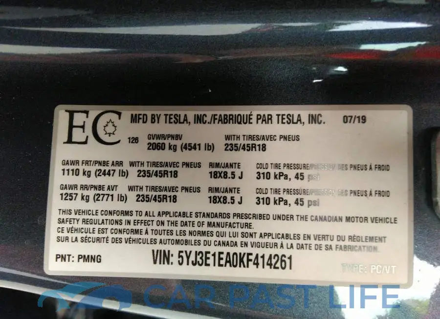 5YJ3E1EA0KF414261# 9