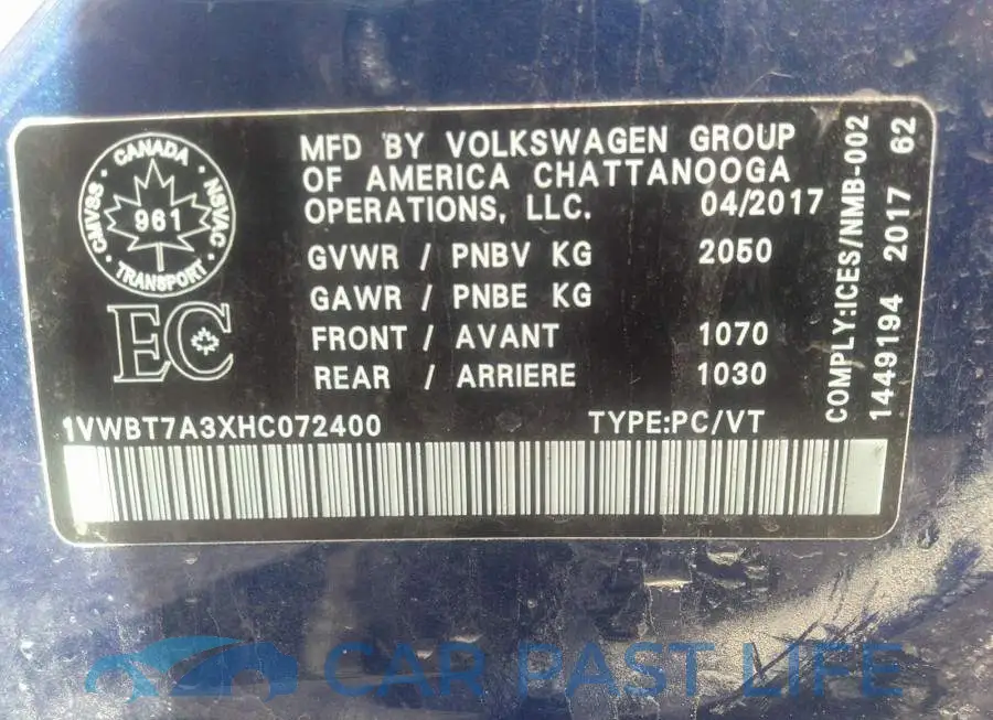 1VWBT7A3XHC072400# 9