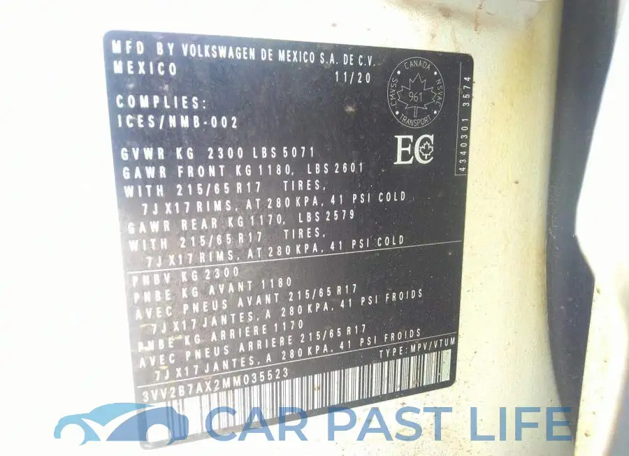 3VV2B7AX2MM035523# 9