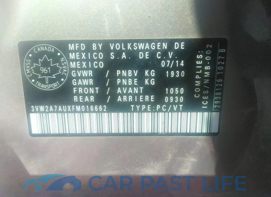 3VW2A7AUXFM016662# 9
