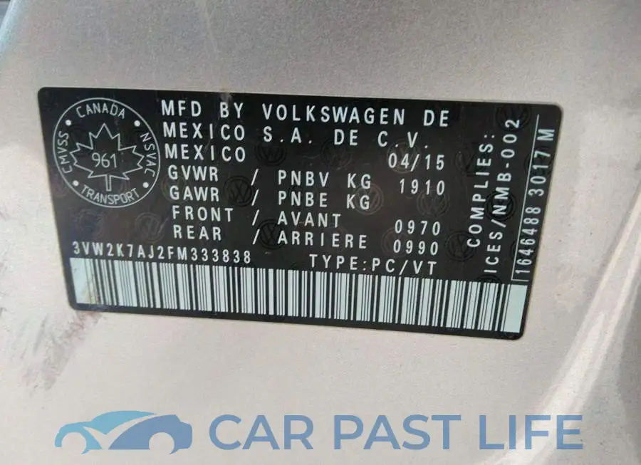 3VW2K7AJ2FM333838# 9