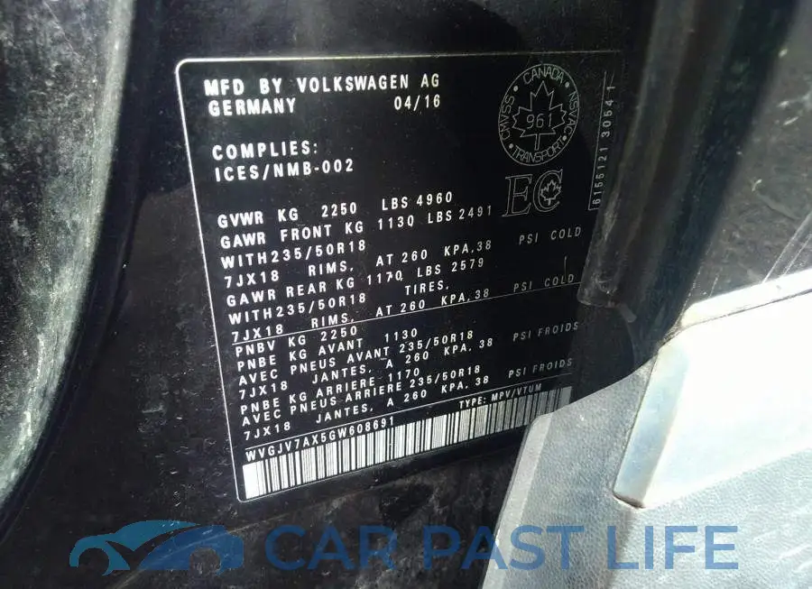 WVGJV7AX5GW608691# 9