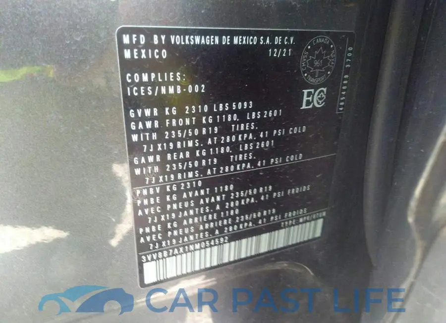 3VV8B7AX1NM054592# 9