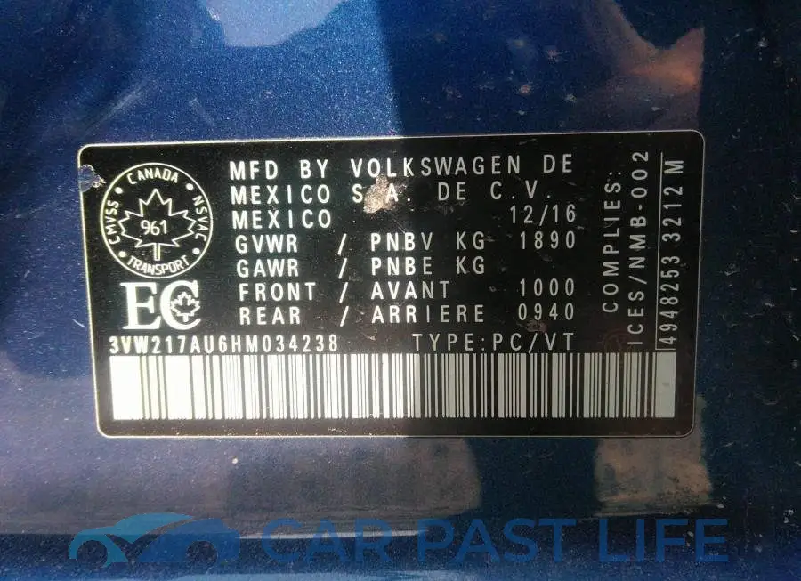 3VW217AU6HM034238# 9
