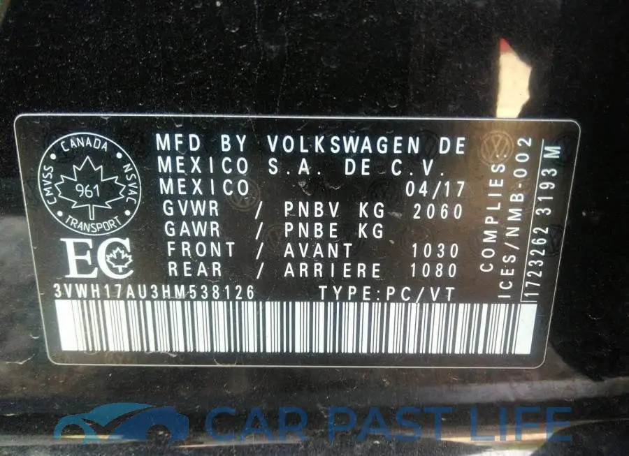 3VWH17AU3HM538126# 9