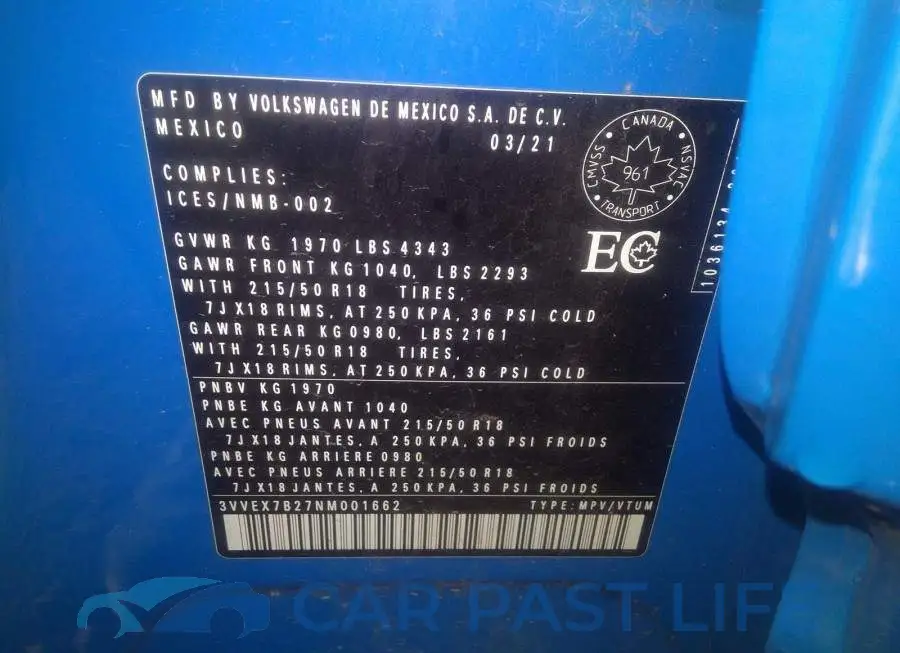 3VVEX7B27NM001662# 9