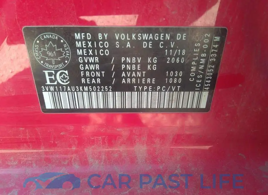 3VW117AU3KM502252# 9