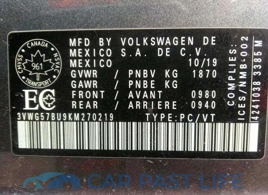 3VWG57BU9KM270219# 9