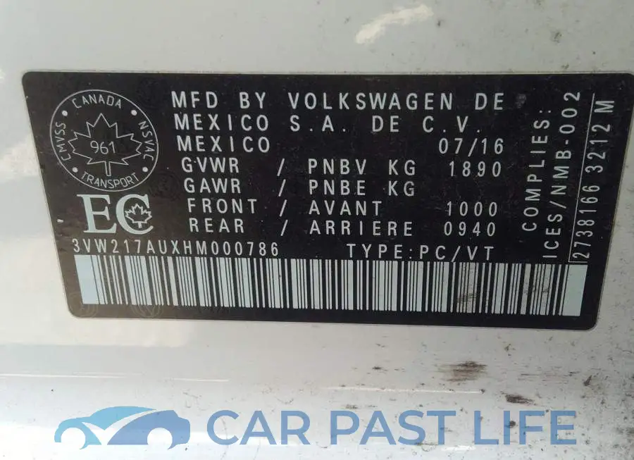 3VW217AUXHM000786# 9