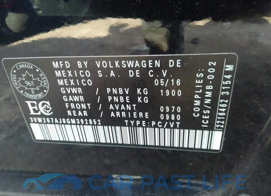 3VW267AJ8GM392852# 9