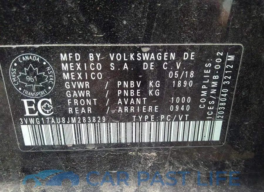 3VWG17AU8JM283829# 9