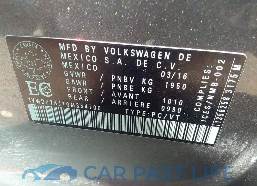 3VWD07AJ1GM354700# 9