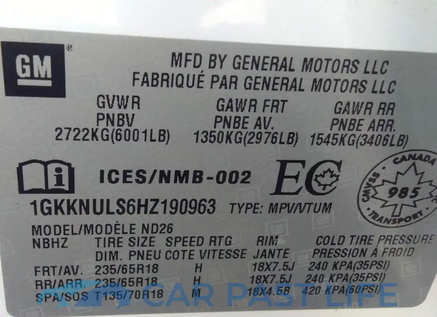 1GKKNULS6HZ190963# 9