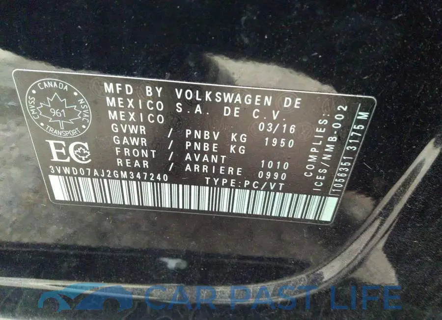 3VWD07AJ2GM347240# 9