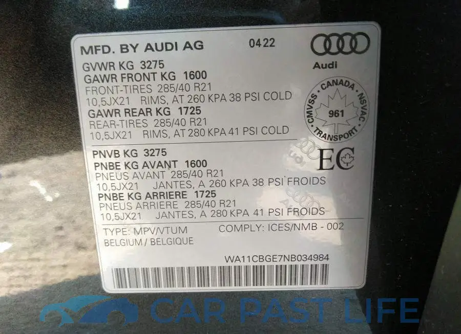 WA11CBGE7NB034984# 9