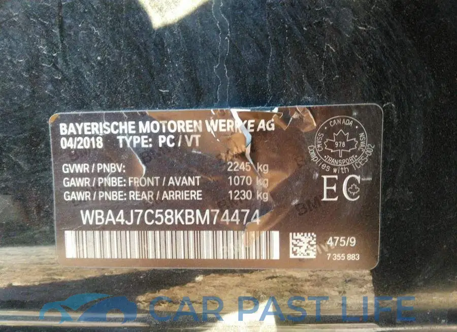 WBA4J7C58KBM74474# 9