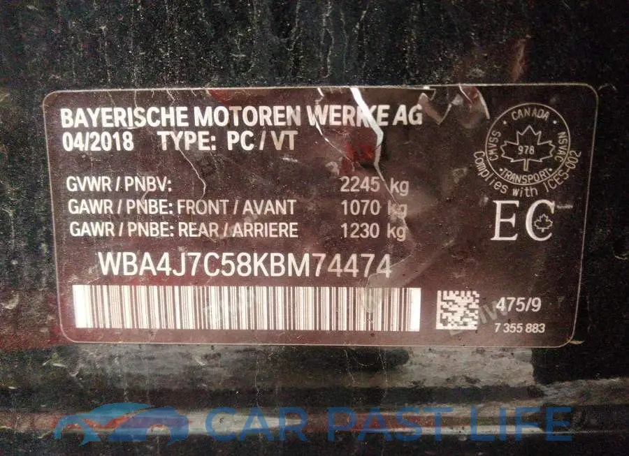WBA4J7C58KBM74474# 9