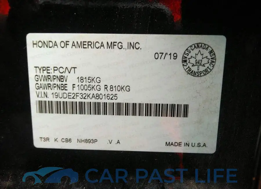 19UDE2F32KA801625# 9
