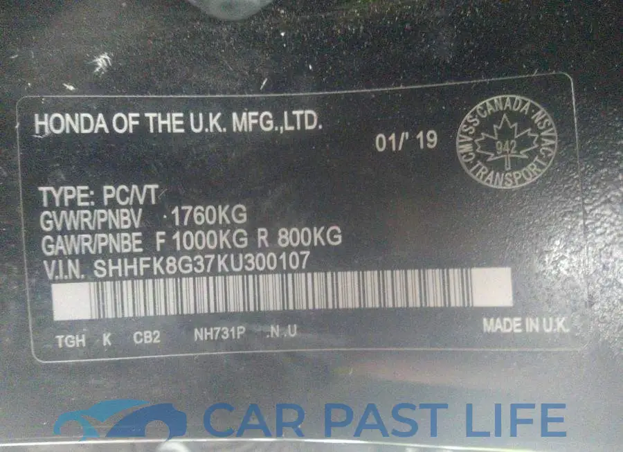 SHHFK8G37KU300107# 9