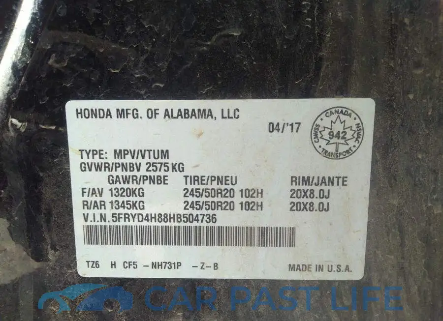 5FRYD4H88HB504736# 9