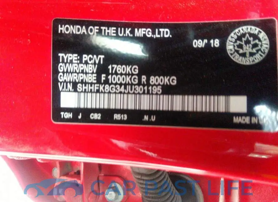 SHHFK8G34JU301195# 9