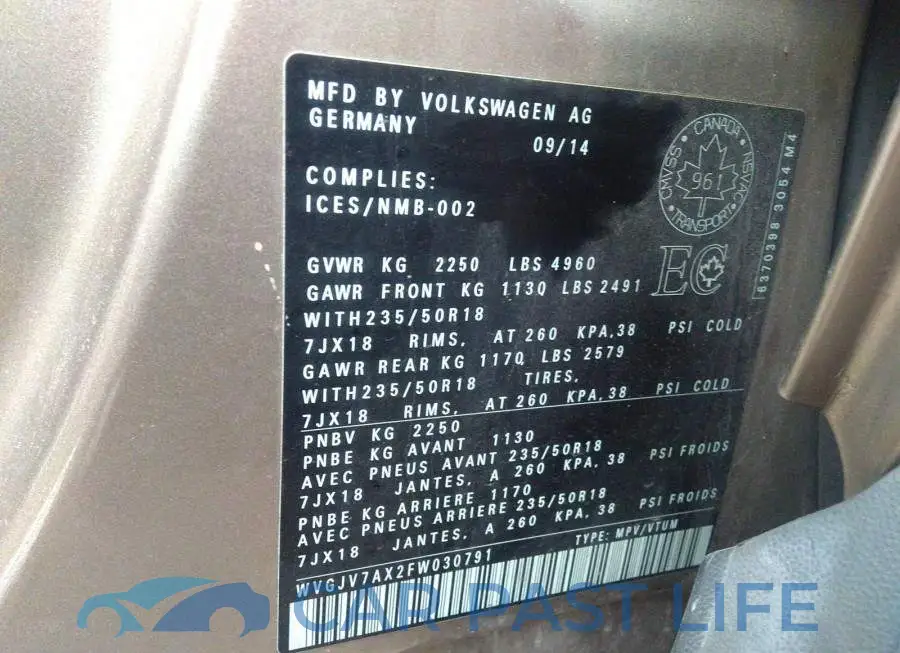 WVGJV7AX2FW030791# 9