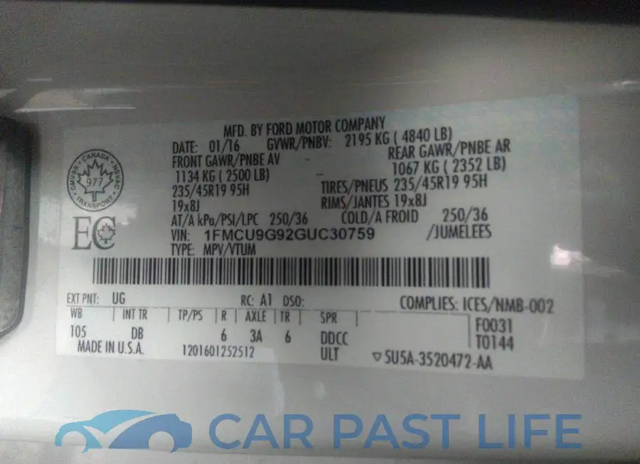 1FMCU9G92GUC30759# 9