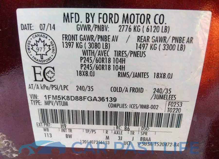 1FM5K8D88FGA36139# 9