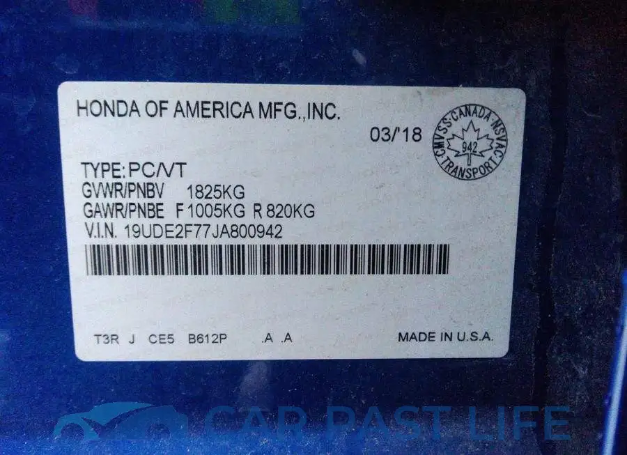 19UDE2F77JA800942# 9